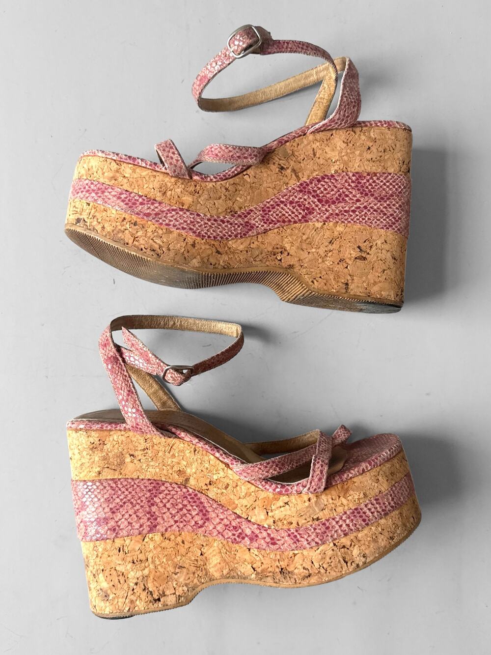 90s Mega Platform Sandal Pink Faux Snakeskin Leather Sz 8 Cork Wedge Square Toe